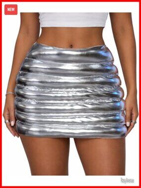 Metallic Puffer Mini Skirt for Women Quilted Bodycon Club Party Skirt